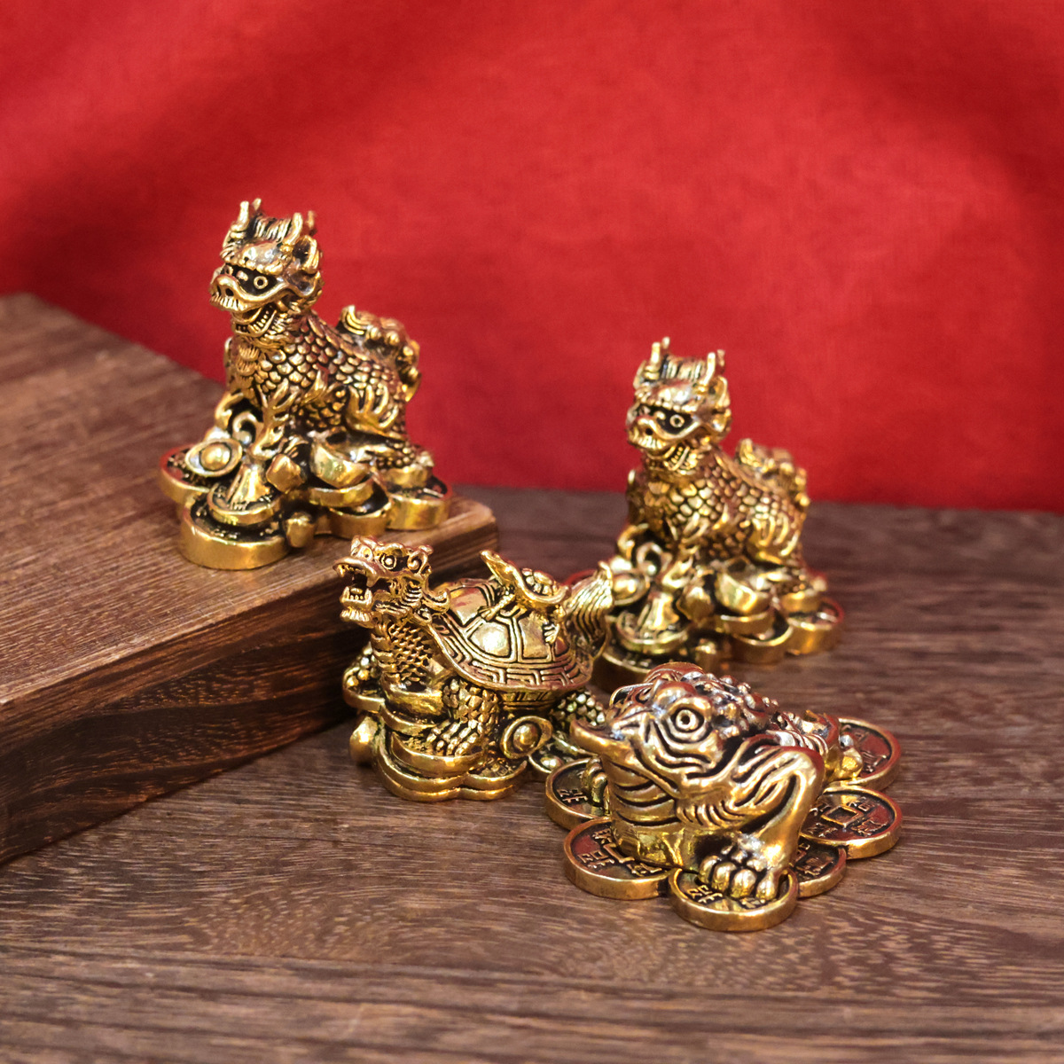 Wholesale Copper Pixiu, Kirin, Dragon, and Turtle Set of Three-Legged Golden Toad, Four-Legged Beast Ornaments, Car Decoration, Dashboard Decoration