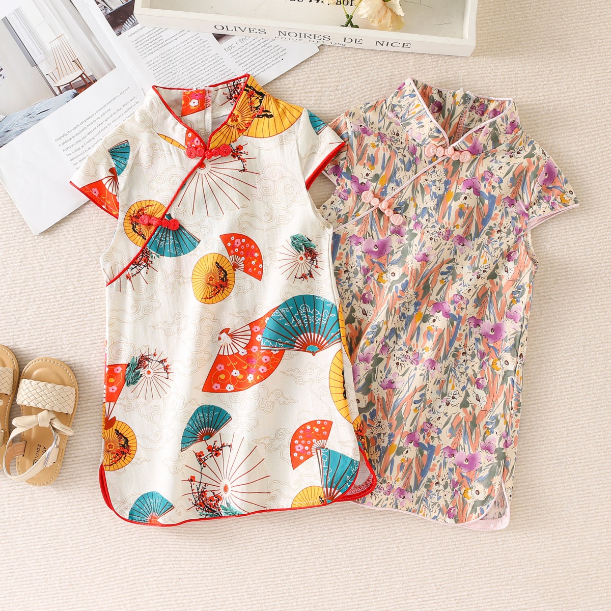 2023 Summer new children's girls printed cheongsam ladies Tang ethnic style dress a generation of hair