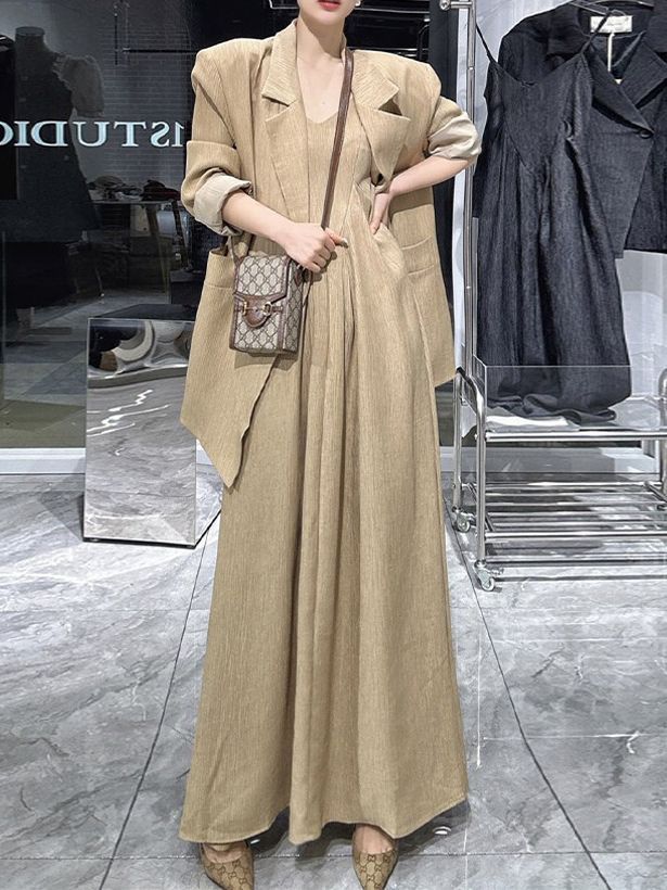 новый костюм большого размера для женщин, свободный пиджак, платье с бретелями, двухпредметный 5027