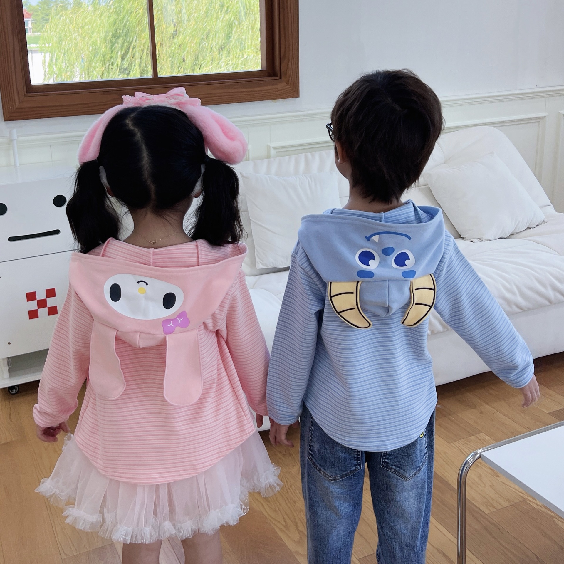 24 Children's Wear Autumn New Children's Coat Boys and Girls Hooded Cartoon Ear Cardigan Cute Autumn Thin Striped