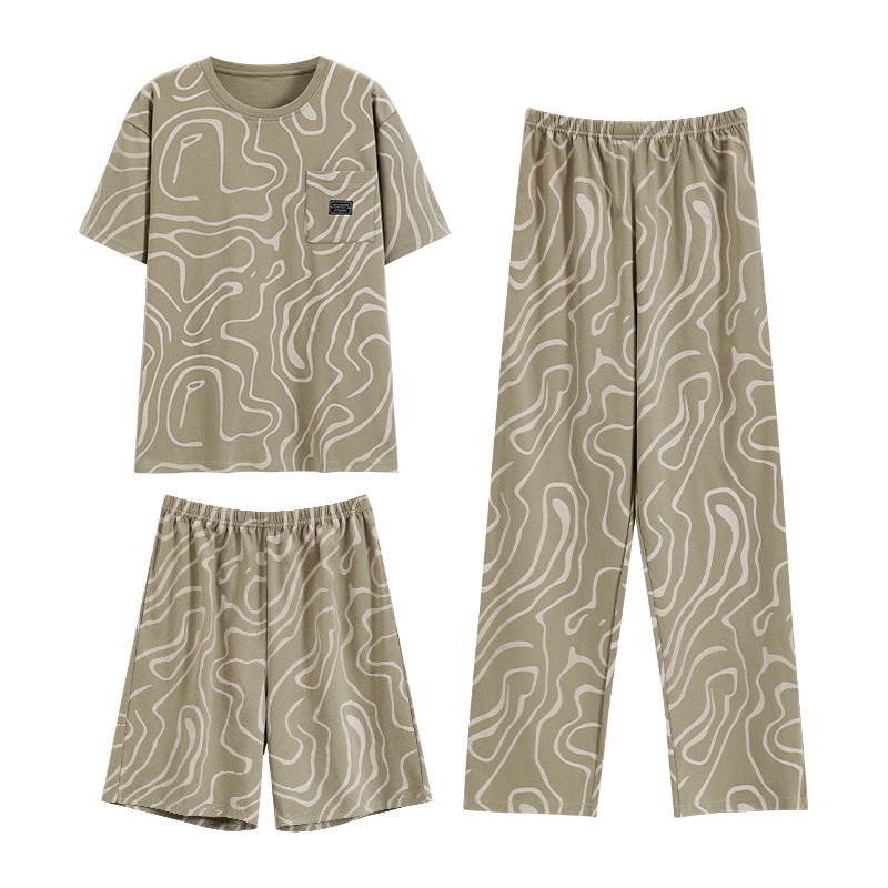 2025 Spring and Summer New Men's Pajamas Short-sleeved Three-piece Set Pure Cotton Internet Celebrous Live Explosions Men's Home Clothes