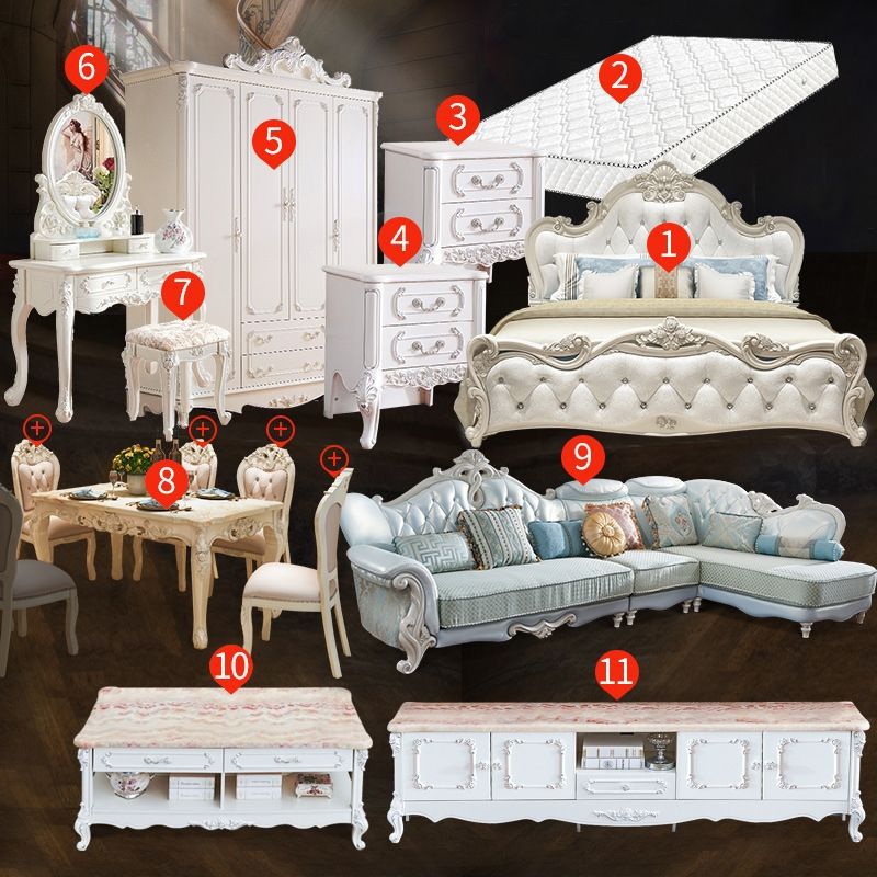 Whole House Furniture Matching Combination Bed European Style Bedroom suit Combination Living Room Sofa TV Cabinet Coffee Table Dining Table