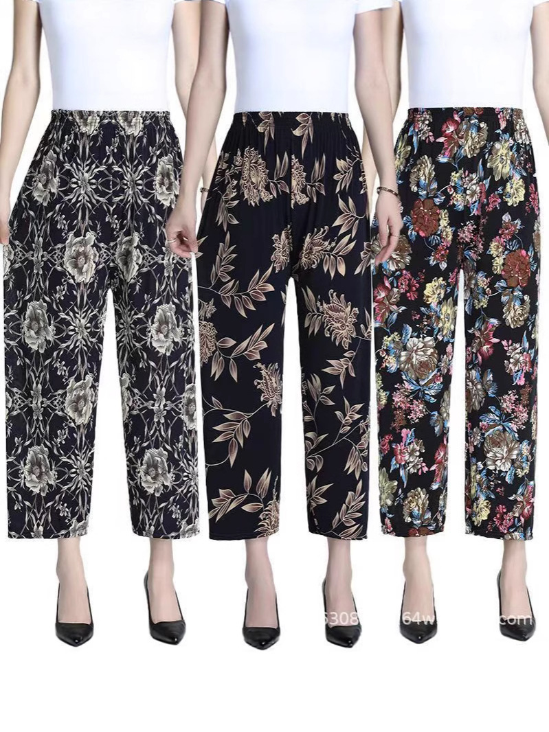 Middle-aged and Elderly Women's Flower Pants Summer Ice Silk Nine-point Thin Casual Middle-aged and Elderly Plus Fat High Waist Loose Anti-mosquito Mom Pants