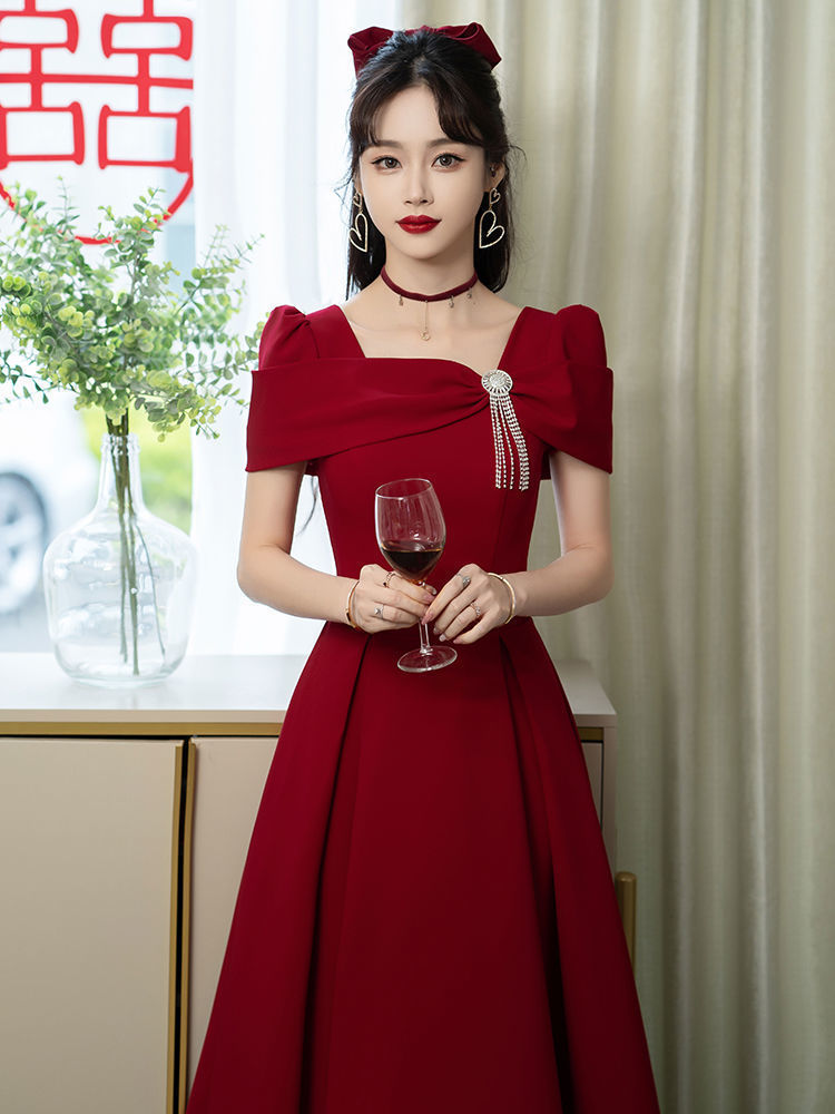 2024 Summer Wedding Toast Dress Bride Engagement Wine Red Dress French High-end Evening Dress Usual Wear