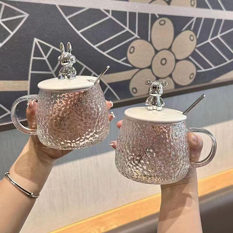 Internet Celebrous Bear Hammer Pattern Water Cup Women's Coffee Milk Cup High Color Value Household Breakfast Gift Glass with Handle