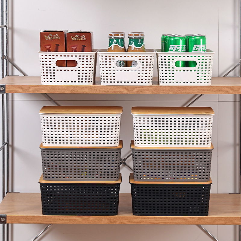Plastic Hollow Woven Storage Basket Toy Book Desktop Plaid with Bamboo Lid Stackable Storage Basket Wholesale