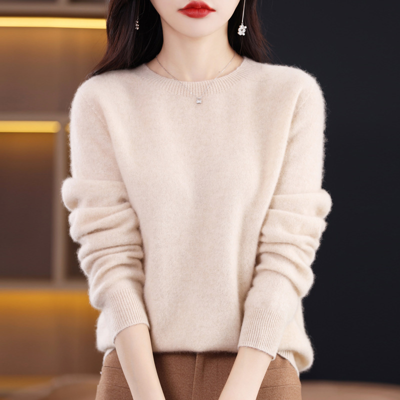 Wool Sweater Women's Pure Color Round Neck 24 New Long-Sleeved Seamless Knitted One-Line Ready-To-Wear Wool Sweater with Base Layer