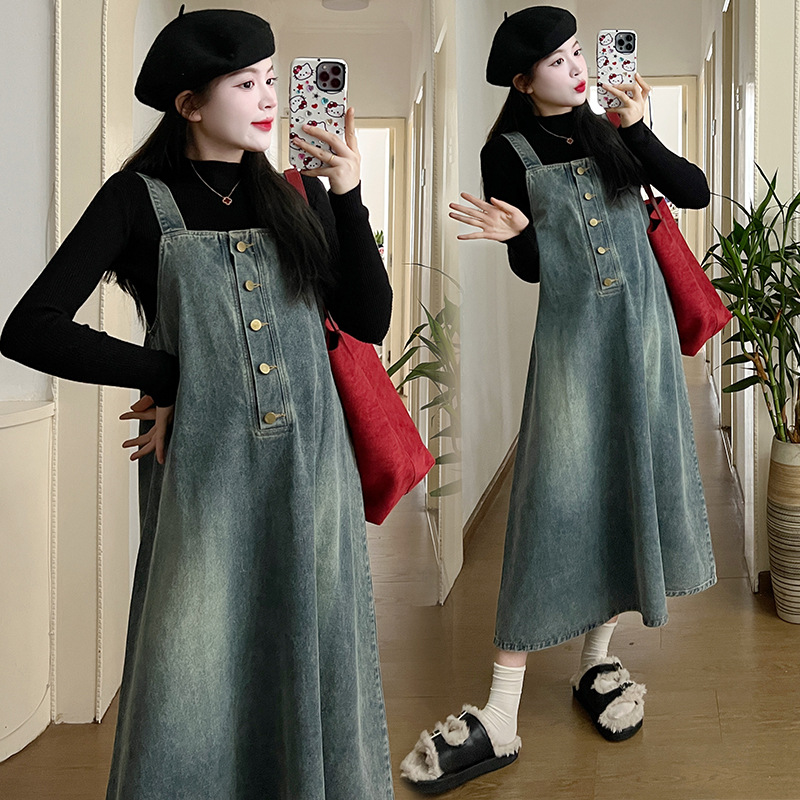 2024 New pregnant women Spring and Autumn Korean style fashion loose slimming Denim sling Dress 2-piece set