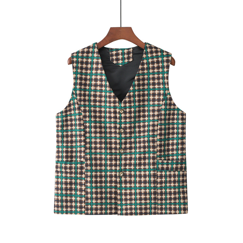 Middle-Aged and Elderly Mothers Wear Plaid Vests, Vests, and Waistcoats; Mother's Clothing with a V-Neck and Single-Breasted Plaid Vest for Mothers