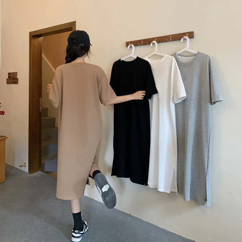 Large size short sleeve casual dress female summer 2023 New loose solid color medium-long over the knee split T-shirt