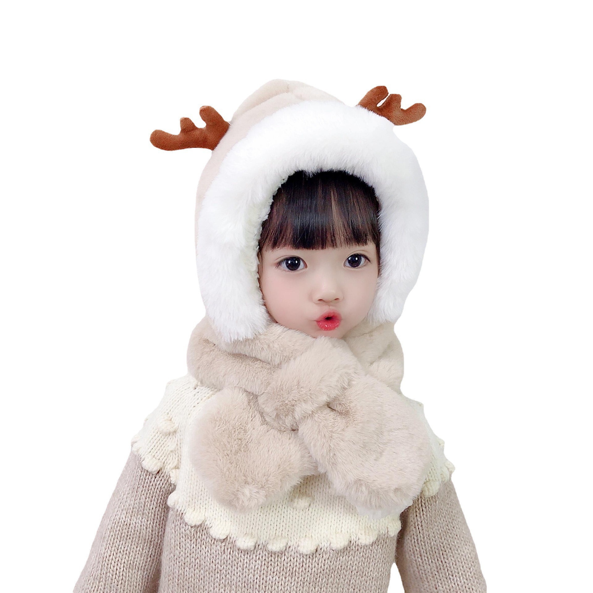 New Winter Kidsren's Hat and Scarf All-In-One Warm and Versatile Plush Cute Baby Antler Ear Protection Hat for Boys and Girls