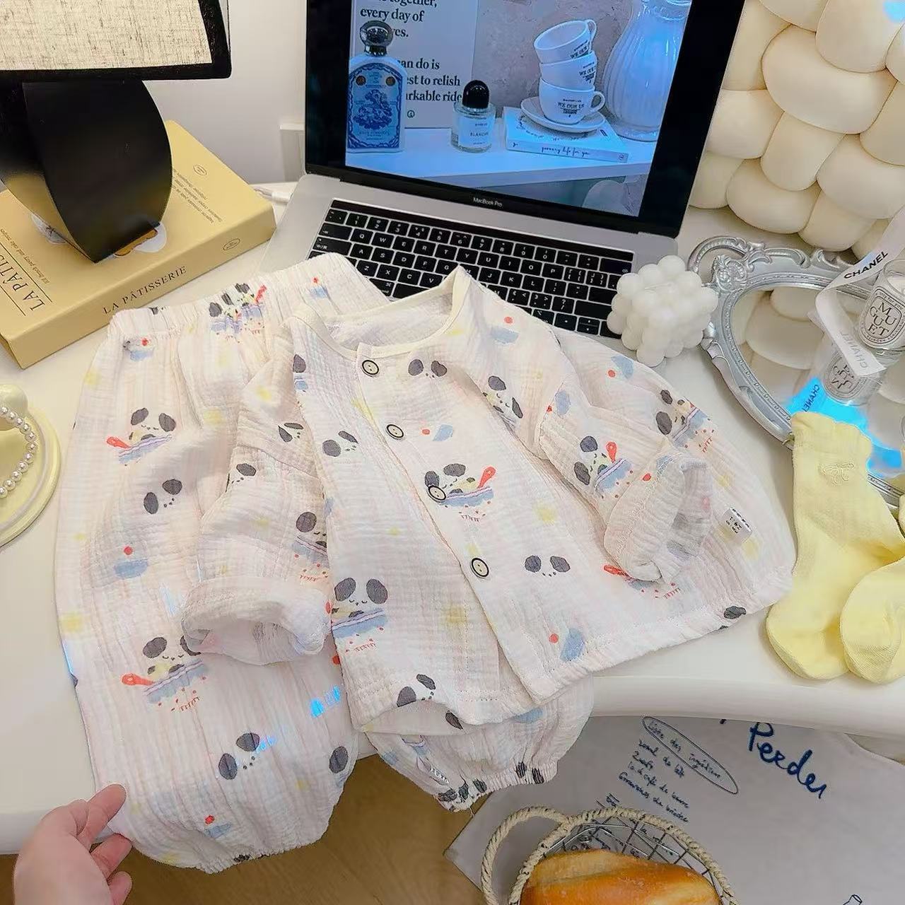 Children's Cotton Yarn Pajamas Boy's and Boy's Pure Cotton Home Clothes suit Cartoon Baby's Double-Layer Yarn Breathable Air-conditioning Clothes Fit