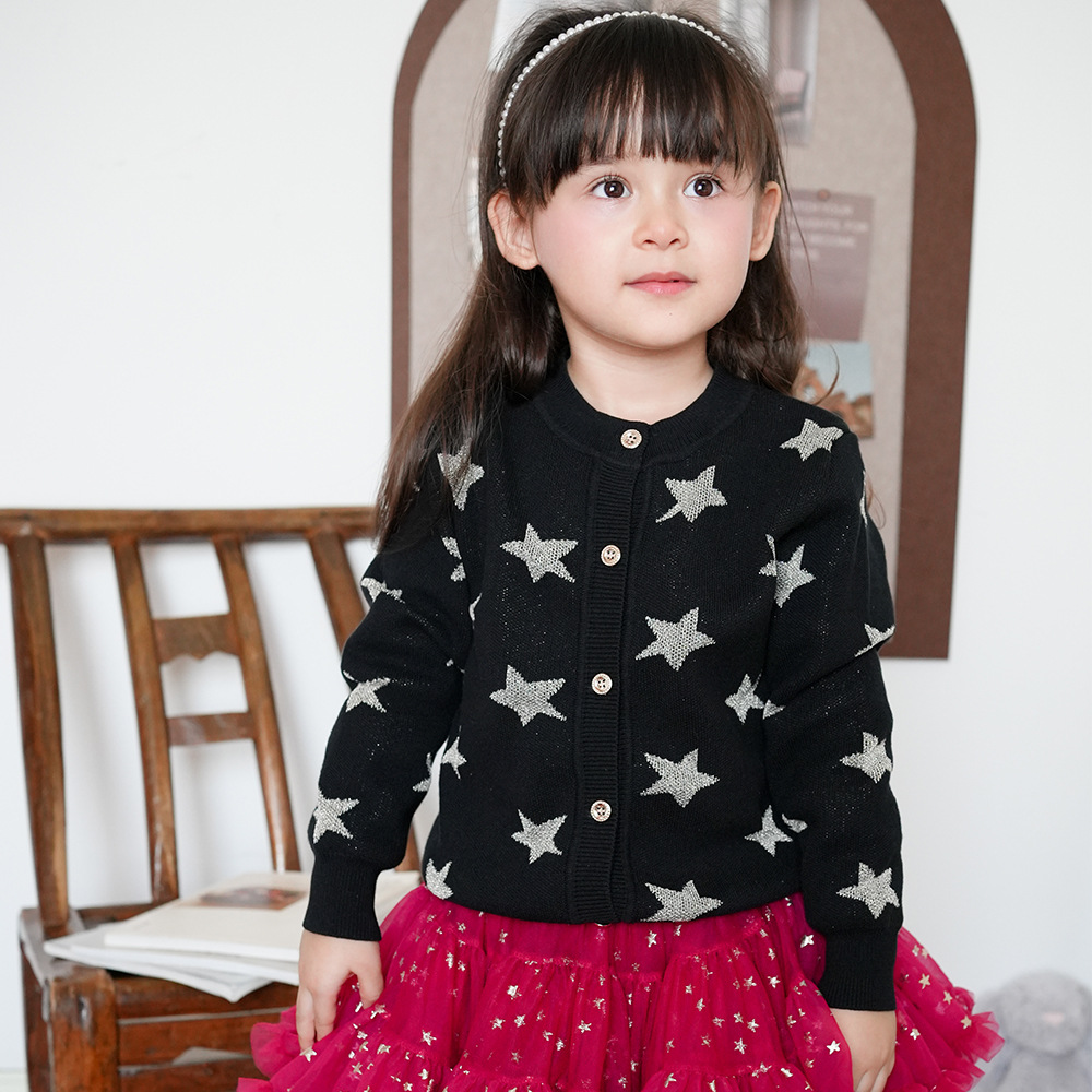Children's Clothing 2025 New Spring & Fall Five-Pointed Star Jacquard Kidsren's Sweater Cardigan Outwear Thickeneded Girls' Knitted Cardigan