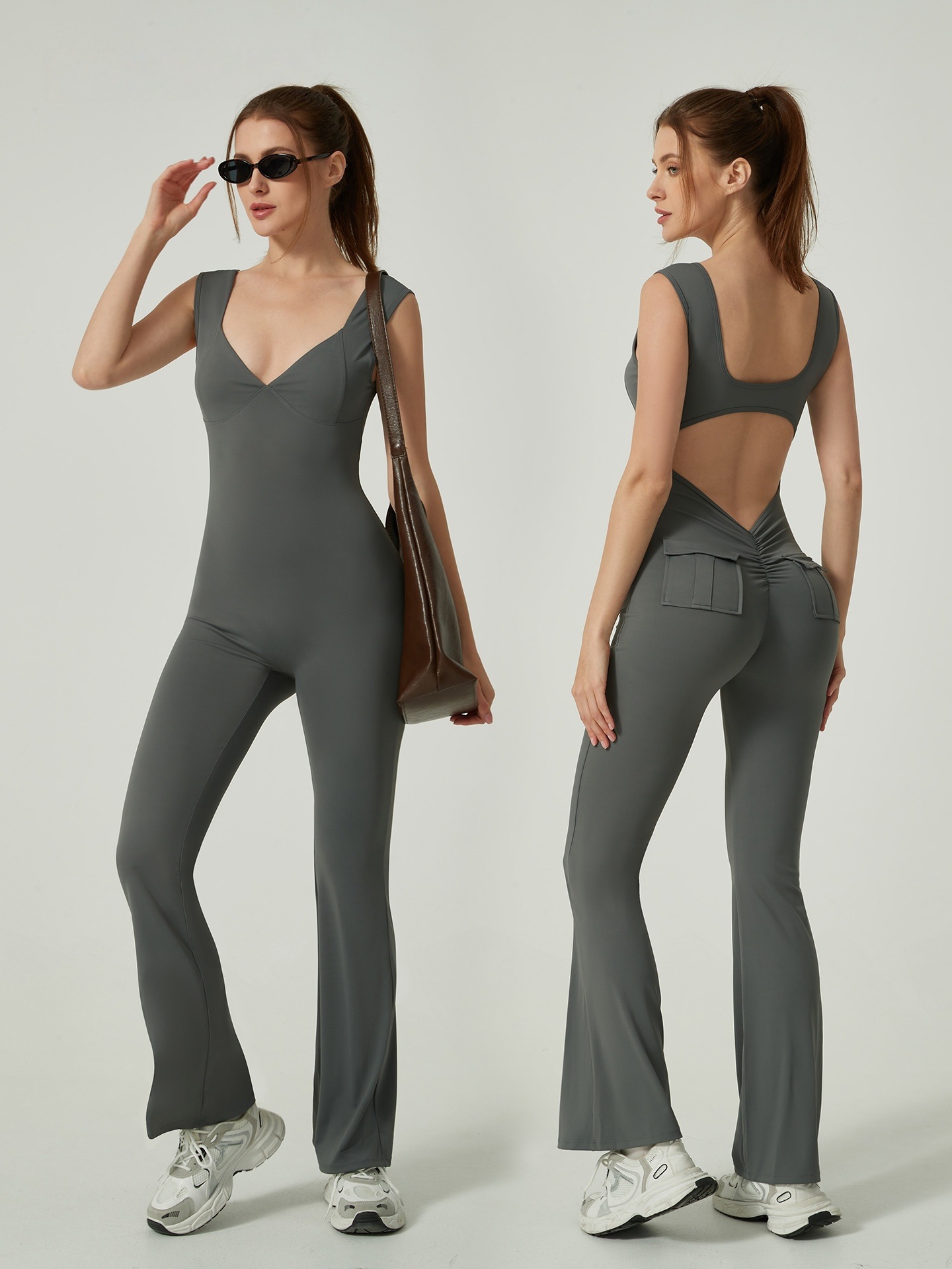 Custom-Made Seamless Pocket Yoga Jumpsuit Fashion Solid Color Fitness Sports Bodysuit with Slight Flare