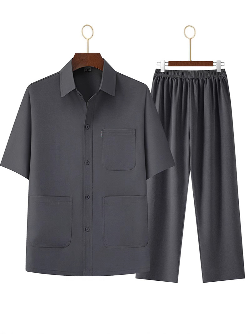 Middle-Aged and Elderly Dad's New Textured Two-Piece Top, Lapel Shirt, Elastic Band Pants, Thin Summer Short-Sleeved Suit