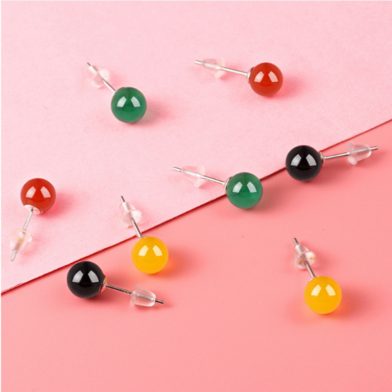 С925 серебряные серьги с натуральным агатом простые круглые серьги ретро красные и зеленые халцедоновые серьги серебряные украшения