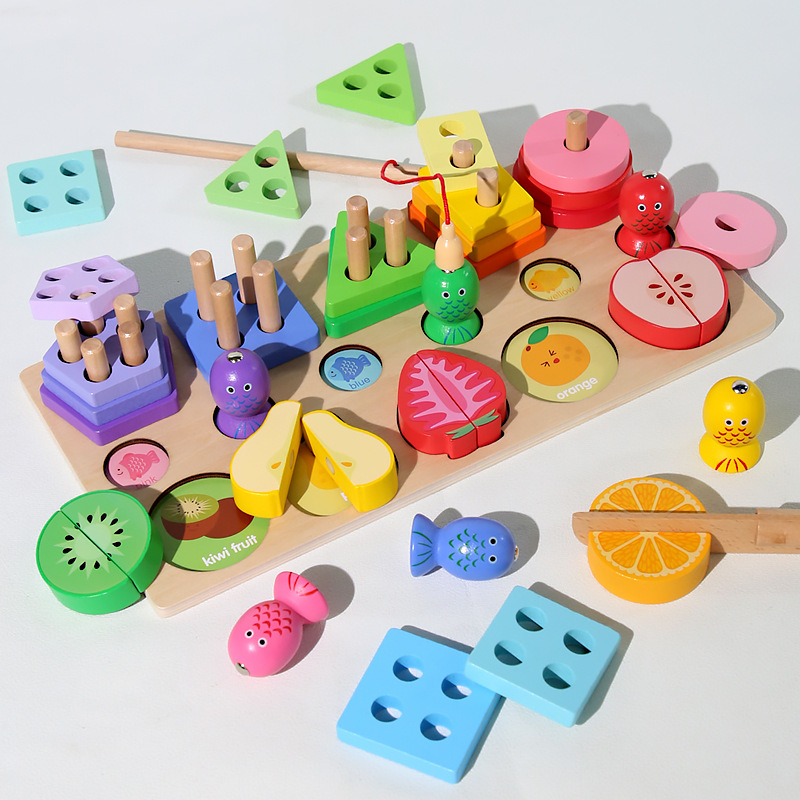 Children's early education three-in-one logarithmic plate geometry five sets of column matching magnetic fishing baby educational wooden toys