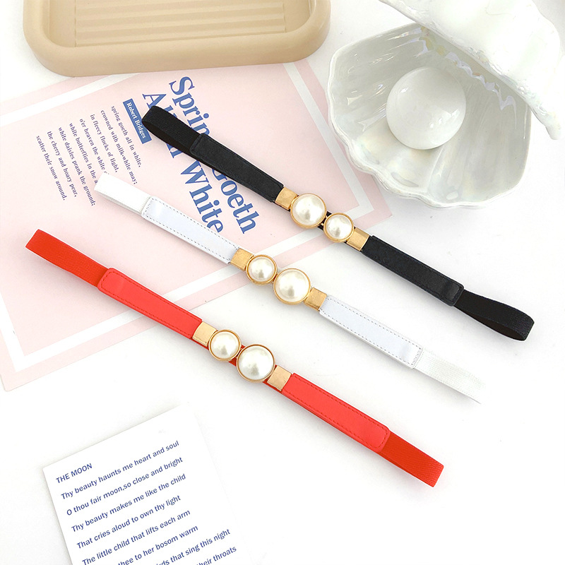 European and American Style Elegant Retro Pearl Buckle Thin Belt Women's Dress Elastic Elastic Belt Hook Narrow Waist Seal