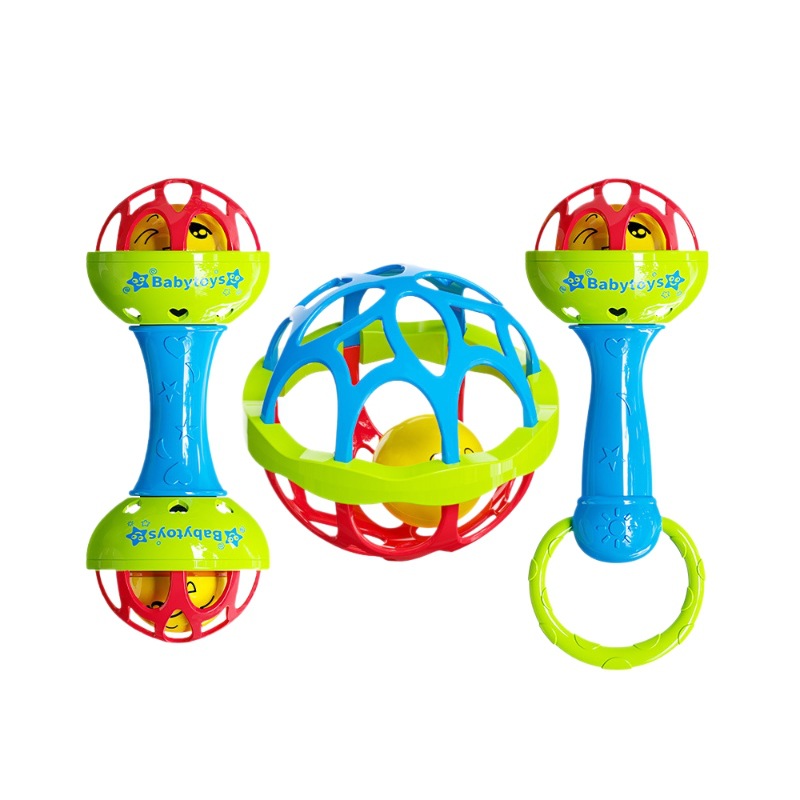 Cross-border hot-selling puzzle soft rubber hand ball baby toy double-headed rattle baby 0-12 months fitness ball gum