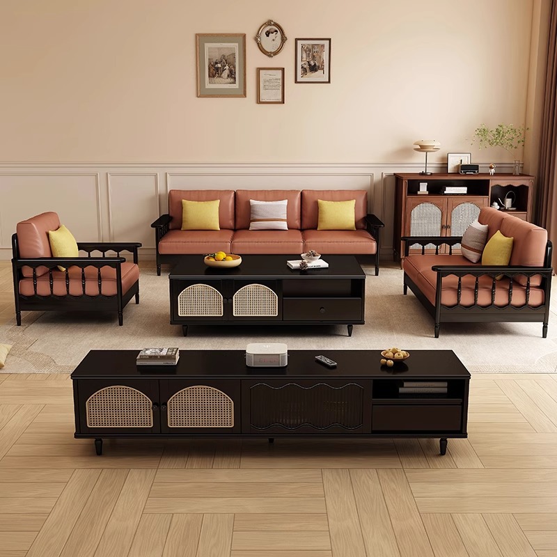 Antique Style Solid Wood Rattan TV Cabinet Living Room 2025 New Household Coffee Table Combination Small Apartment Storage Cabinet