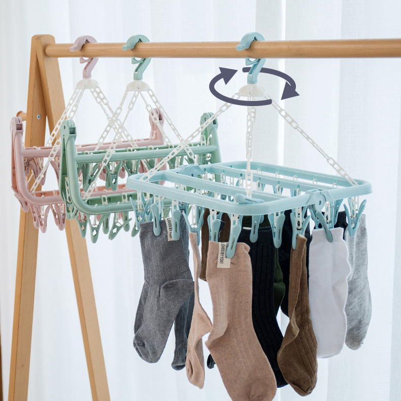 Creative 32-Clip Folding Clothes Hanger, Nordic Color Drying Rack, Windproof Clothes Hanger, Plastic Multi-Clip Underwear and Socks Drying Rack