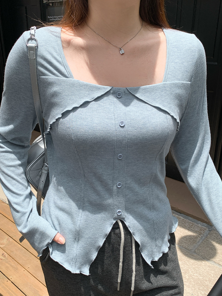 Plus Size Belly-Covering Right Shoulder Square Collar Asymmetrical Long-Sleeved T-Shirt for Women in Autum Fat mm Slimming Look Inner Layering Shirt 63509