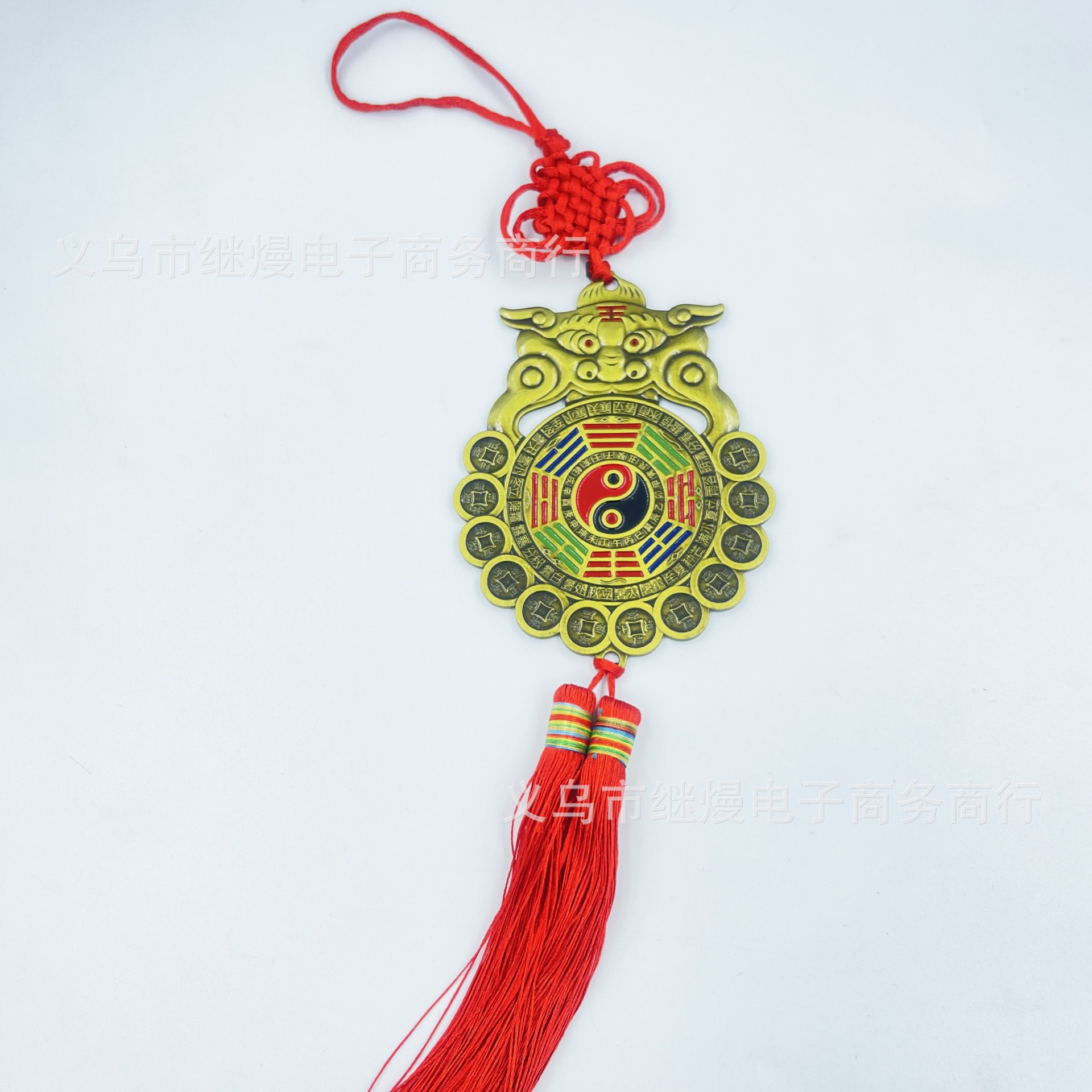 Colorful Tiger Head Tai Chi Yin and Yang Bagua Mirror Pendant Twenty-four Solar Sterms Ten Emperors Copper Money Temple Feng Shui Wedding Hanging Ornaments