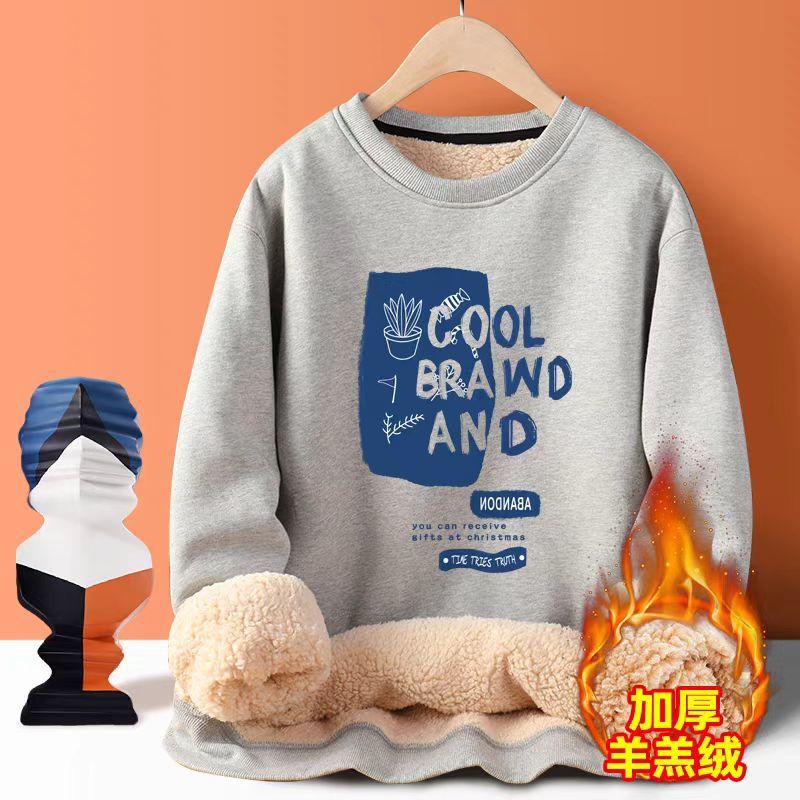 Lambskin Sweatshirt Men's fleece-lined Thickened Men's Winter Youth Crewneck Top Warm Autumn and Winter Jacket 1/2