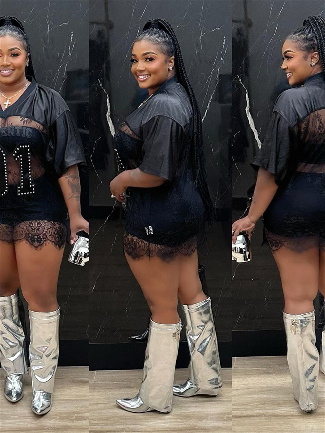 2025 New Cross-border European and American Printing Loose Casual Street Perspective Sexy Lace Stitching T-shirt Short Sleeve Top