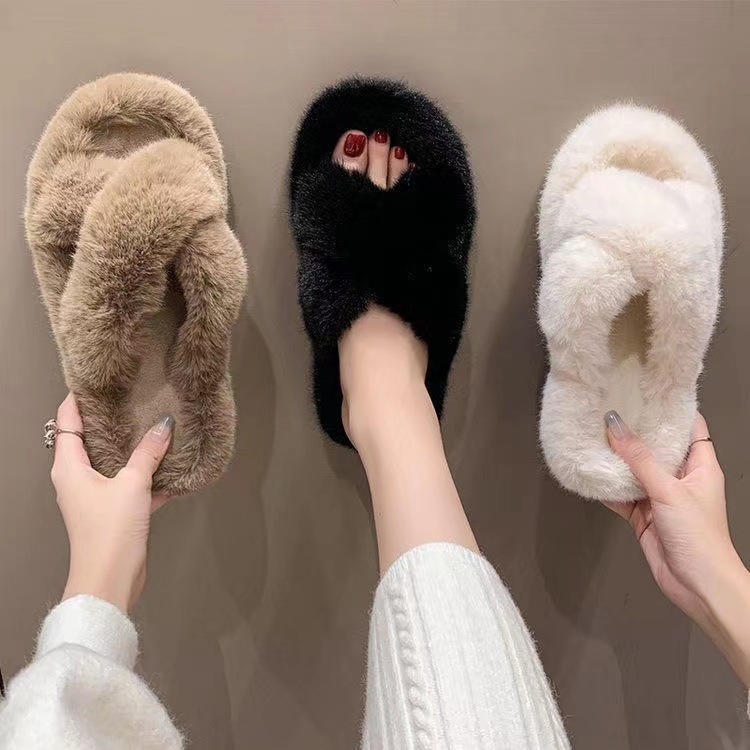 Furry Slippers for Women, New 2025 Korean Style Trendy Shoes, Autumn and Winter Home Cotton Slippers, Autumn and Winter Plush Cotton Slippers