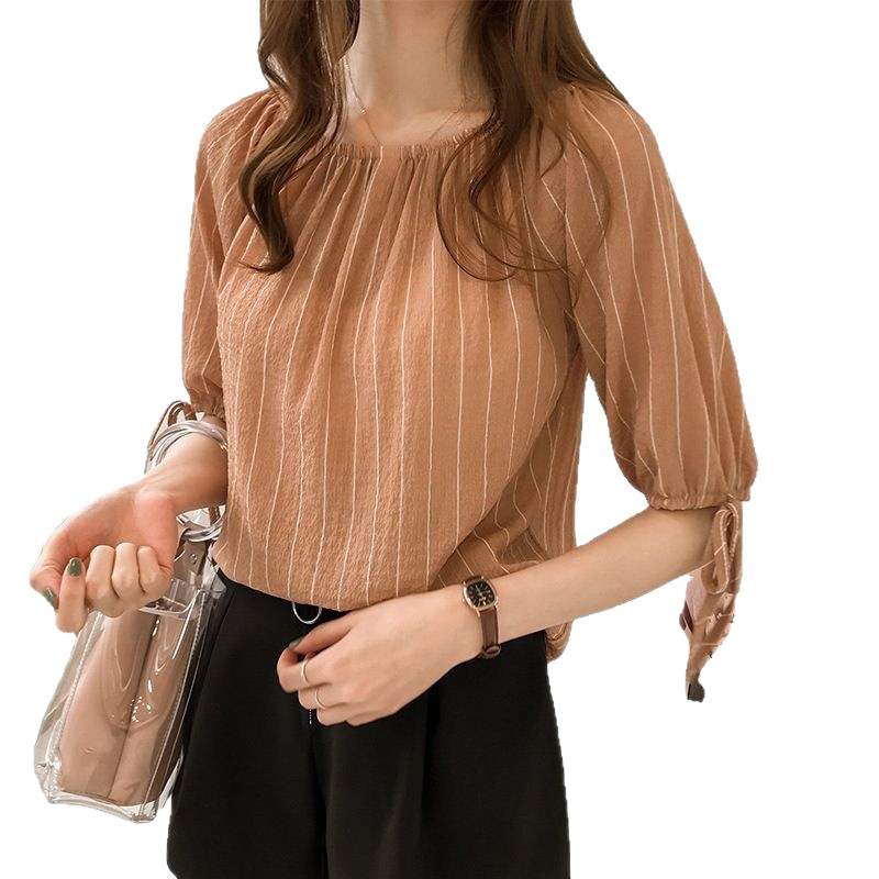 2025 New Style Elegant One-Shoulder Striped Chiffon Shirt Women's Loose Lantern Sleeve Top Base Shirt Trendy