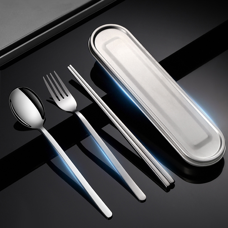 Tableware Box Student Tableware Fork, Spoon and Chopsticks Three-Piece Set 304 Portable 316 Square Box Office Worker Portable Storage Box