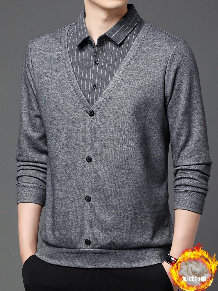 Velvet Fake Two-Piece T-Shirt Men's Winter Stripesd Shirt Collar Spring & Fall Dad Wear Warm Casual Knitwear
