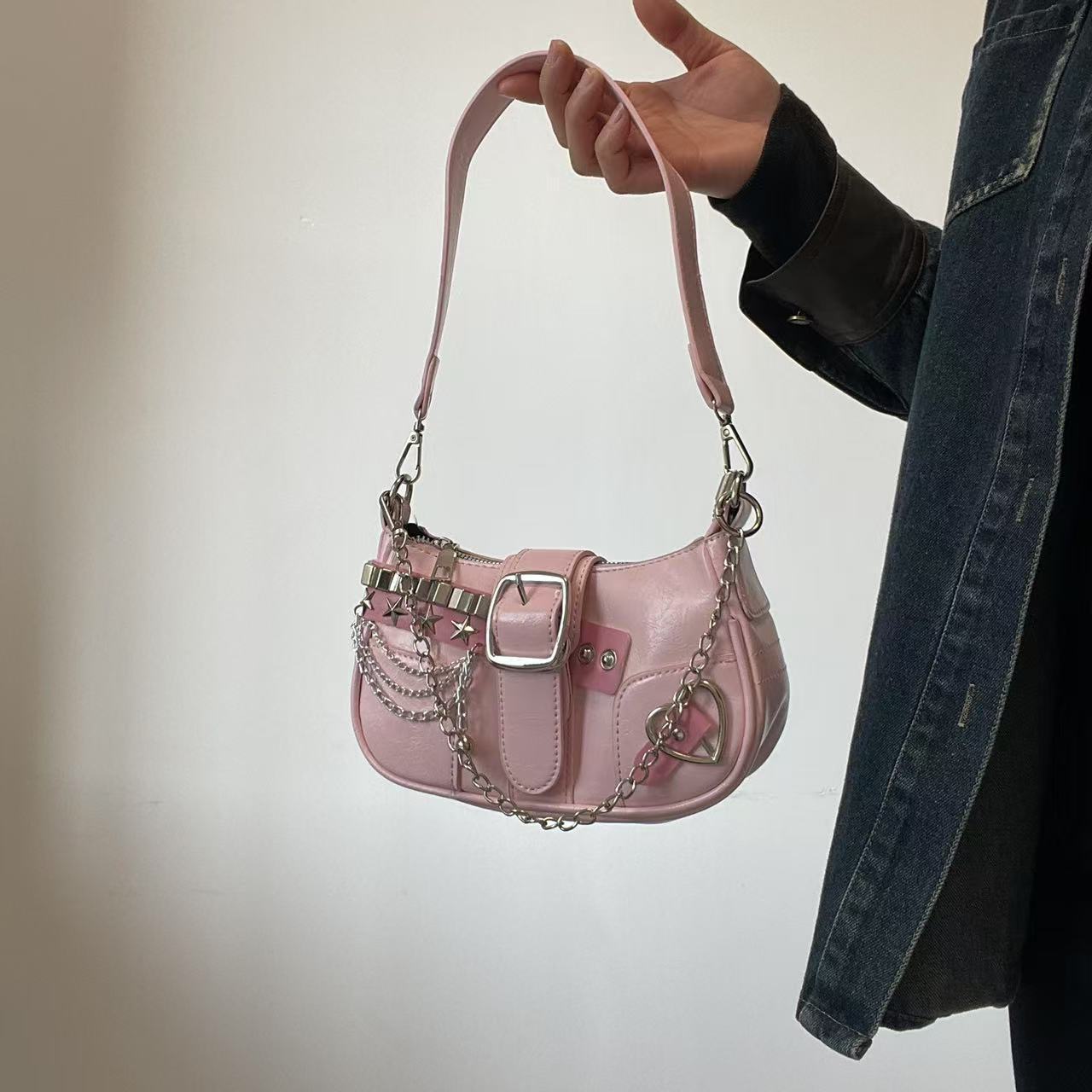 New Original Y2K Chain Sweet Cool Women's Bag Niche Millennium Spice Girl Sweet Spicy Handbag Pink Underarm Bag Sweet