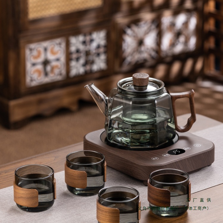 Стеклянный чайник с утолщенной деревянной ручкой, электрическая керамическая печь