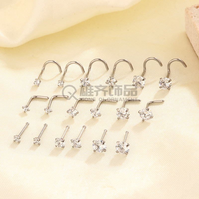 Классические мини-студии из нержавеющей стали с цирконами, прямой стержень, L-образный, S-образный, набор для носа, ювелирные изделия для тела