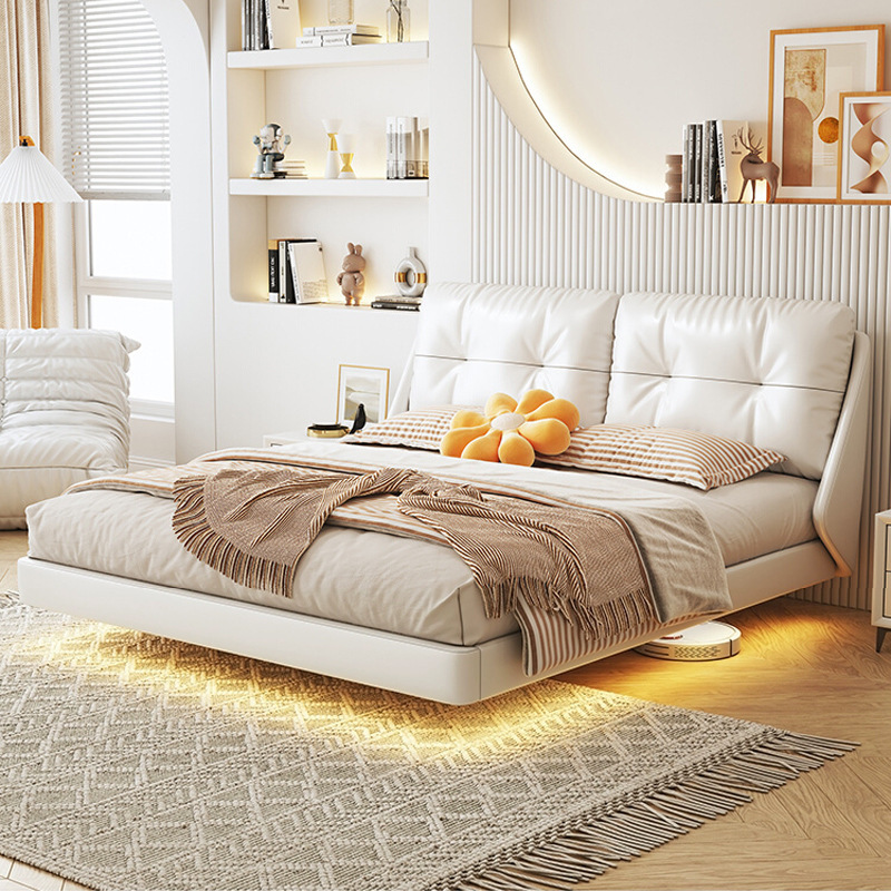 Wholesale double bed Italian minimalist leather bed cream wind suspension bed modern minimalist small apartment master bed soft bag