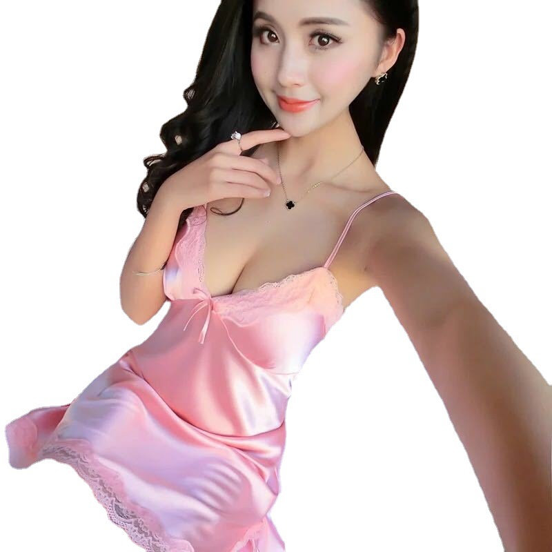 Cherry Temptation European and American Perspective Sex Lingerie Sexy Deep V Sling Lace Nightgown Pure Sexy Pajamas suit