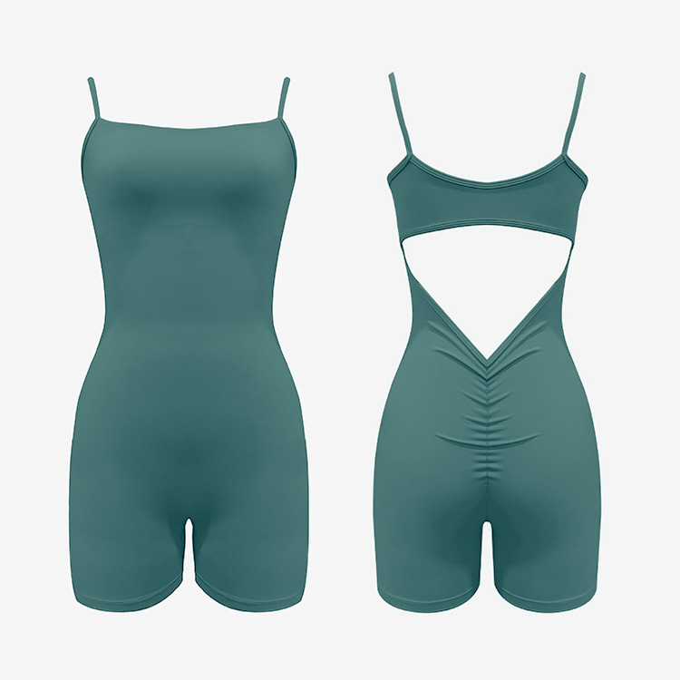 Cross-Border Jumpsuit, Thin Shoulder Vest, Shorts Jumpsuit, Back Cut Out V-Waist Pleated Yoga Jumpsuit