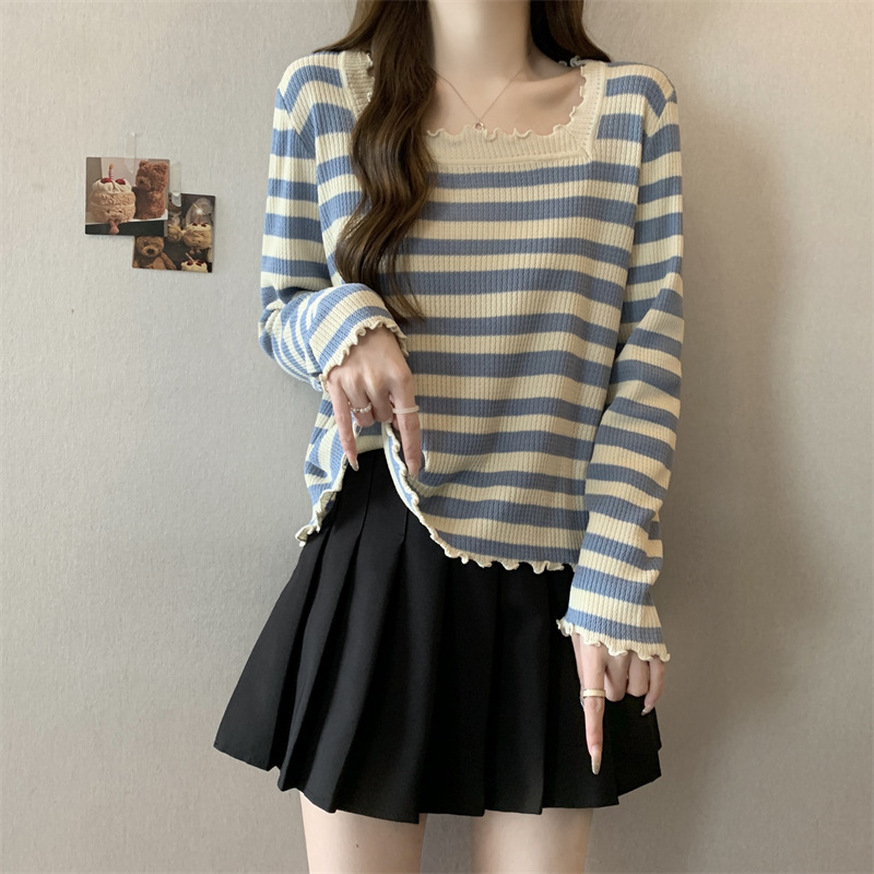 plus size women's clothing 2025 spring and autumn new fat sister square collar striped long sleeve T-shirt belly covered wood ear knitted jacket