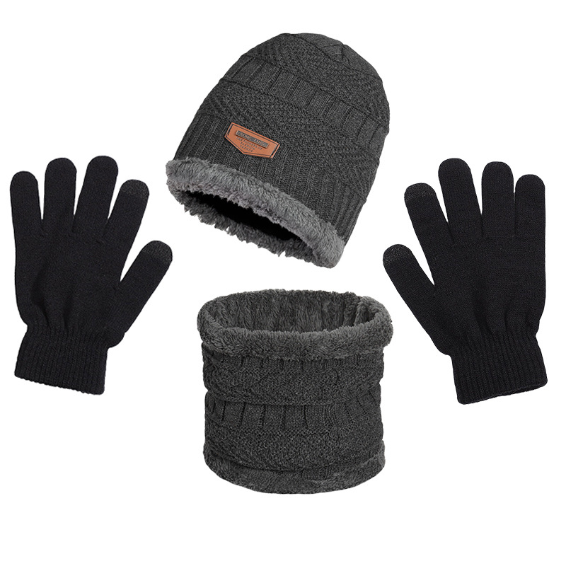Warm Hat, Winter Men's and Women's Knitted Hat Three-Piece Set Plus Plush Woolen Hat, Scarf, One-Piece Cross-Border Hat and Gloves