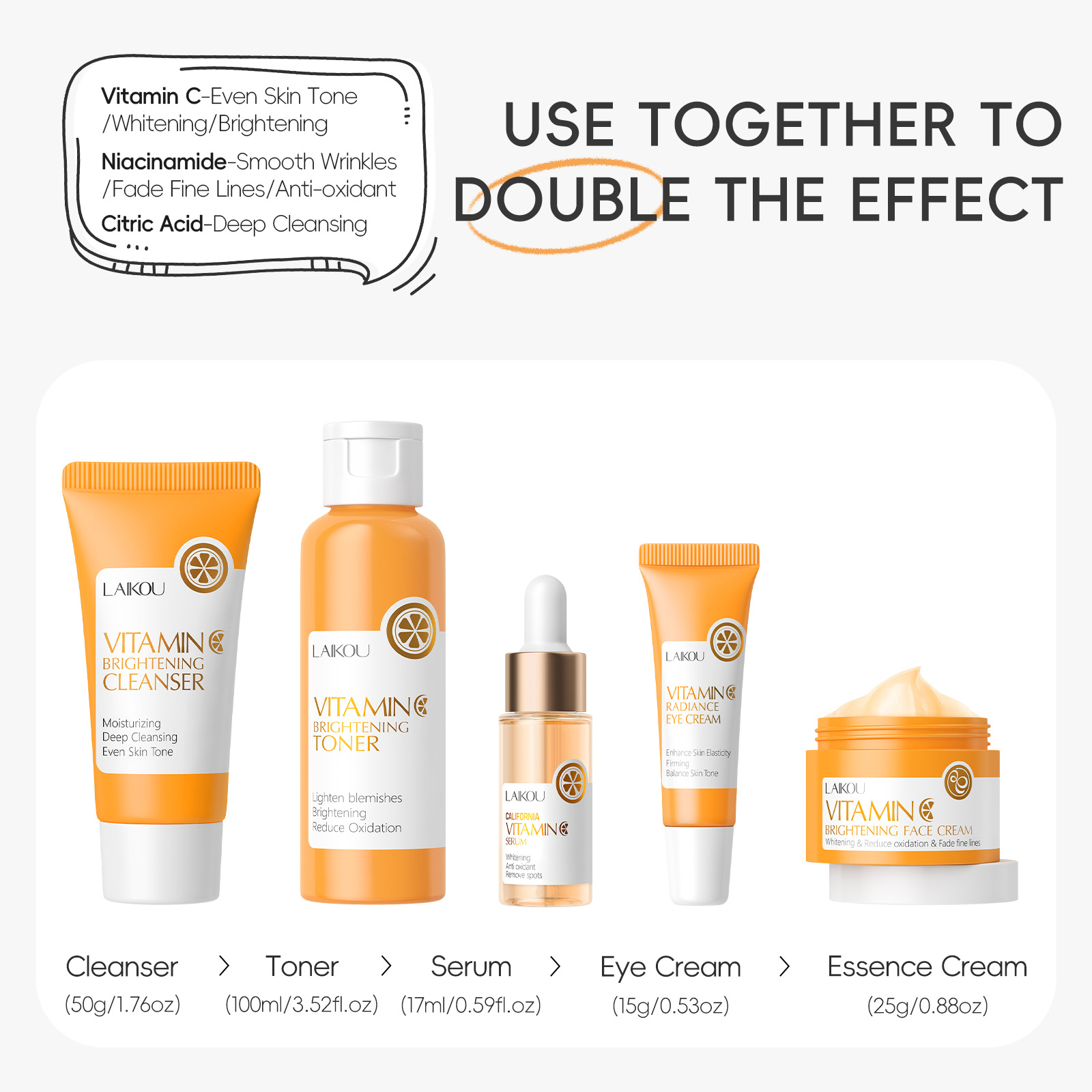 Cross-Border Laikou Vitamin C Series Skin Care Product Set 5-Piece Set Cleansing Toner Essence Eye Cream Essence Cream