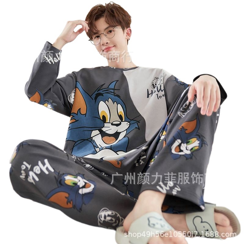Pajamas Spring and Autumn Cartoon plus size 200 Jin Casual Handsome Loose Home Wear suit Youth Men's Long Sleeve