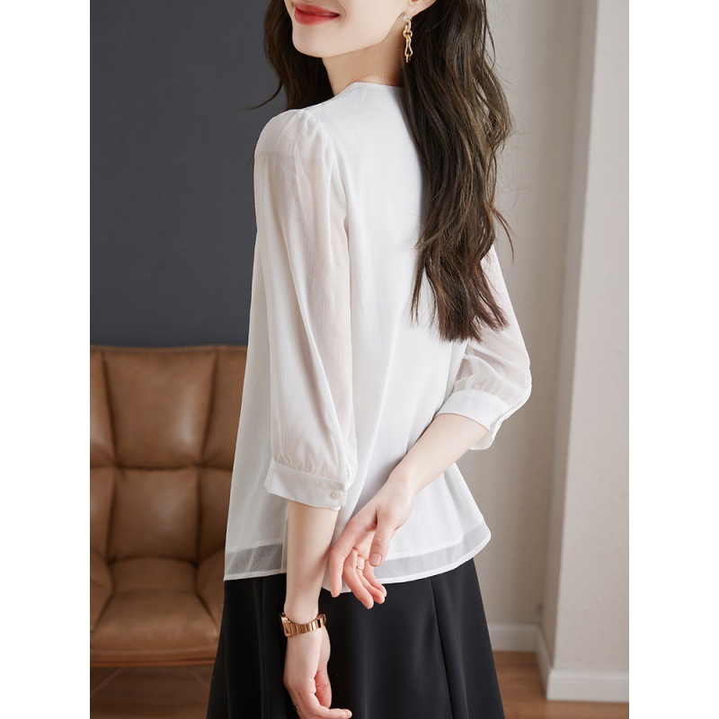 Real Shot of 2025 Spring New Three-Quarter Sleeve Chiffon Shirt Women's Versatile Shirt Cardigan Elegant Commuter Top