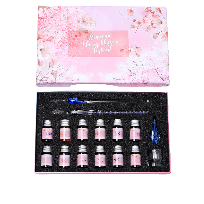 Glass Pen Dipped in Water Pen Cherry Blossom Color Ink Signature Pen Student Internet Celebrity Gift Stationery Pen Dipped in Ink Gift Box Set