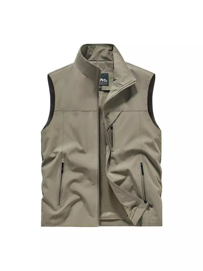 Men's Stand-Up Collar Spring and Summer Quick-Drying Mesh Vest Casual Multi-Pocket Workwear Top Outdoor Photography Fishing Vest Jacket
