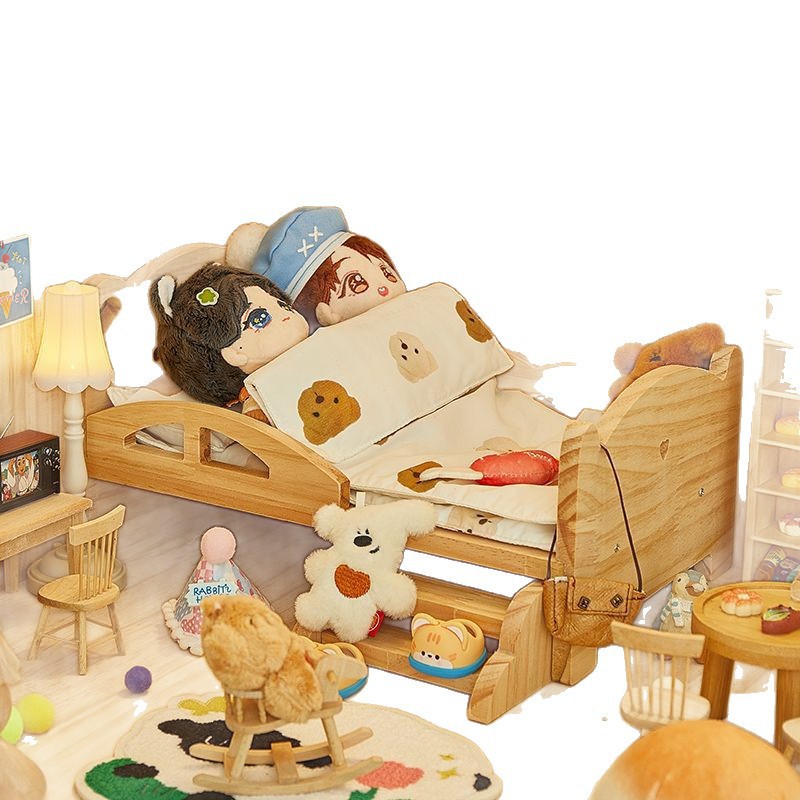 New Cotton Doll Bed 20cm Doll Bedding Three-Piece Set Bjd Solid Wood Doll House Bed