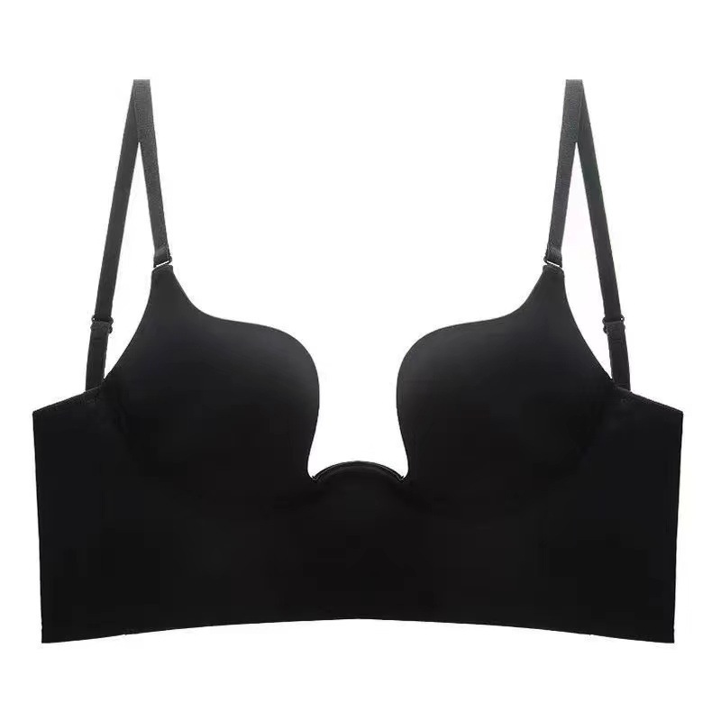 Large Backless Underwear Invisible Beautiful Back U-shaped Small Chest Push-up Women's Deep V Sexy Thickened Bra Full Exposed Leaky Back Evening Dress