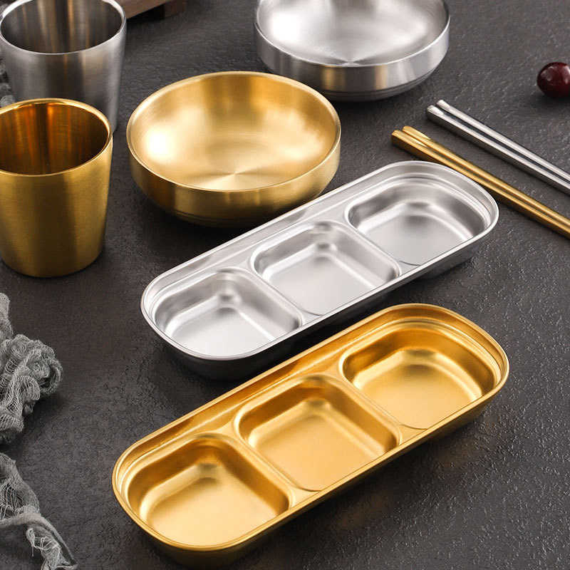 Directly Supplied Korean 304 Stainless Steel Dish Set, Golden Disc Cup, Dipping Saucer, Chopsticks and Spoon, Commercial Barbecue Restaurant Tableware