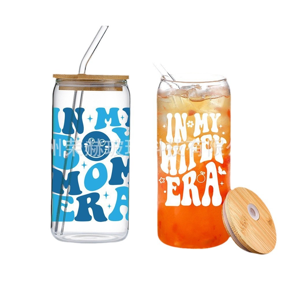 Cross-border Coke Cup Explosions High Borosilicate Suction Cup Wholesale 6 Pack Glass Printed Pattern Water Cup with Wooden Lid